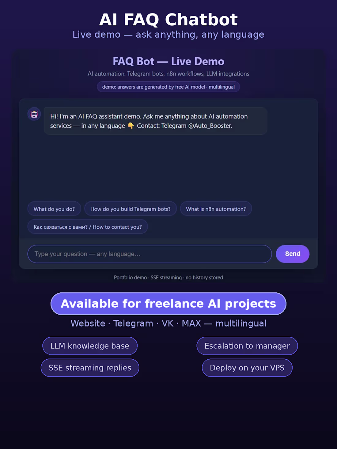 Cover image for AI FAQ Chatbot for Your Business — Live Demo Inside (Telegram, W