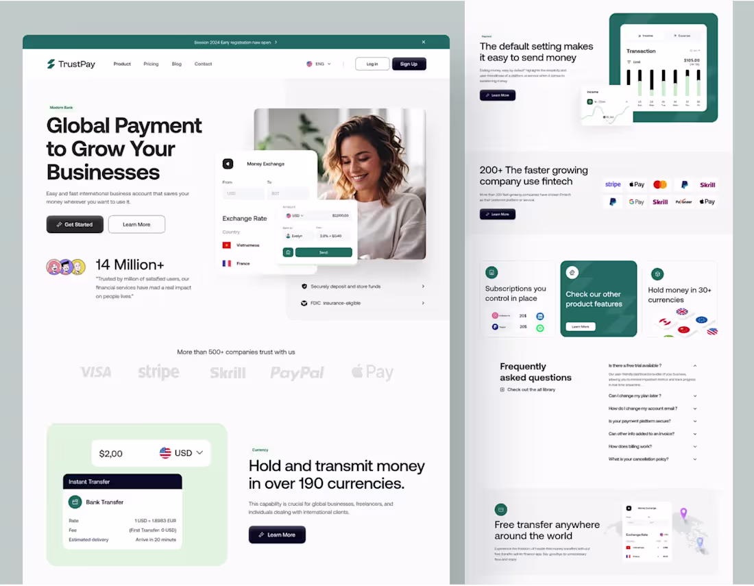 Cover image for Meet TrustPay, a modern Fintech Landing Page concept crafted...