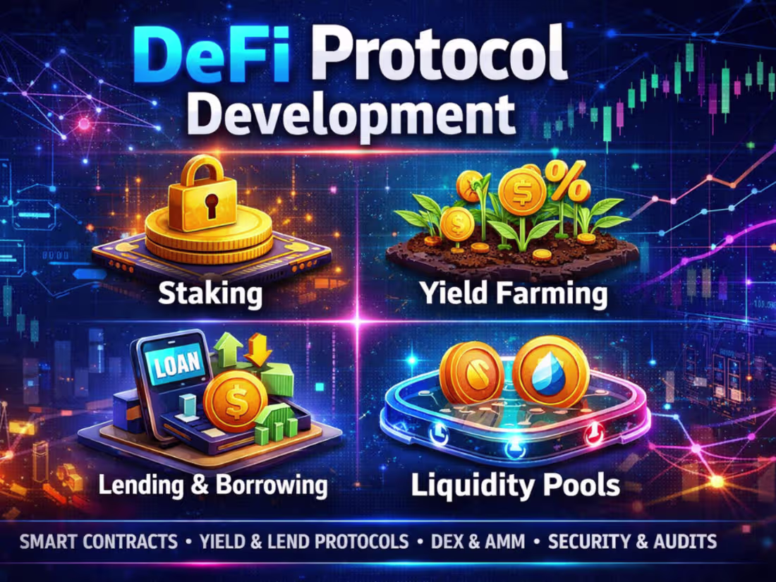 Cover image for DeFi protocol development with staking, yield farming and liquid