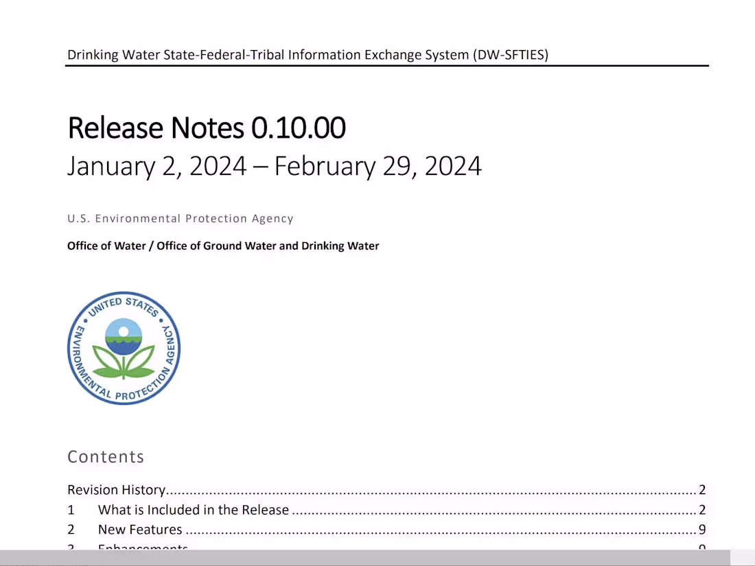 Cover image for Release Notes for EPA Project: DW-SFTIES