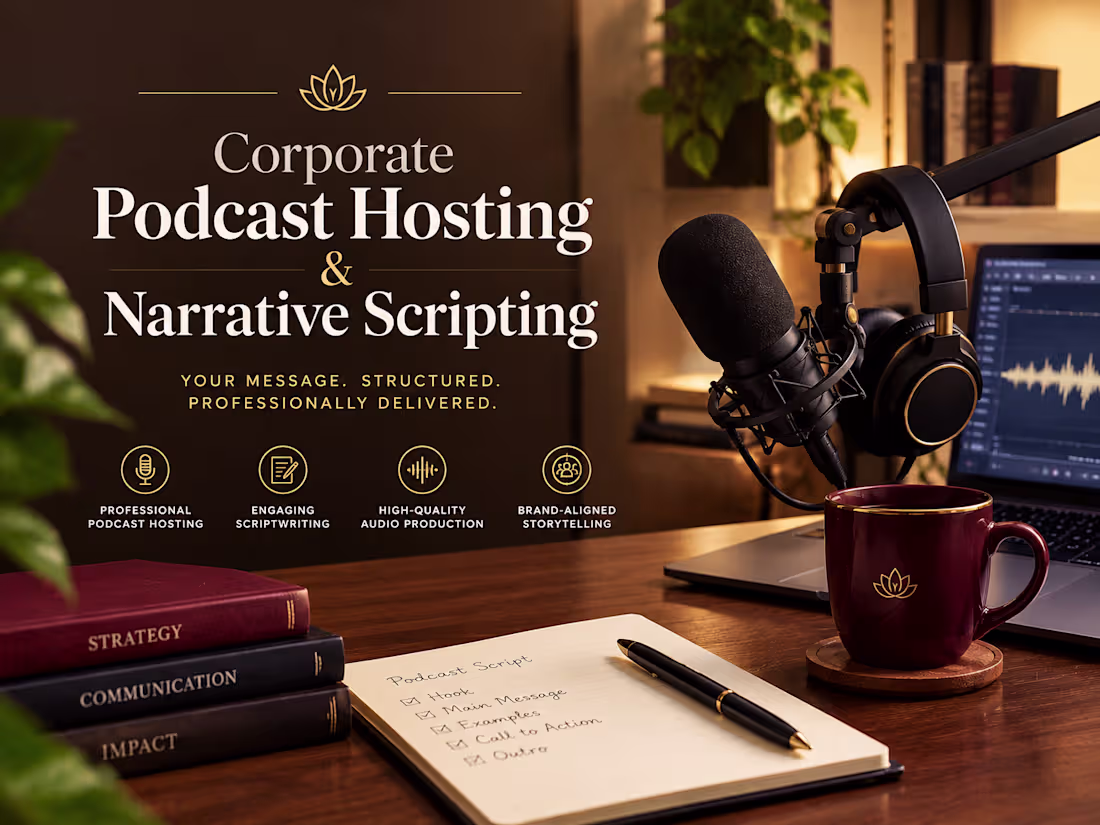 Cover image for Corporate Podcast Hosting & Narrative Scripting. 