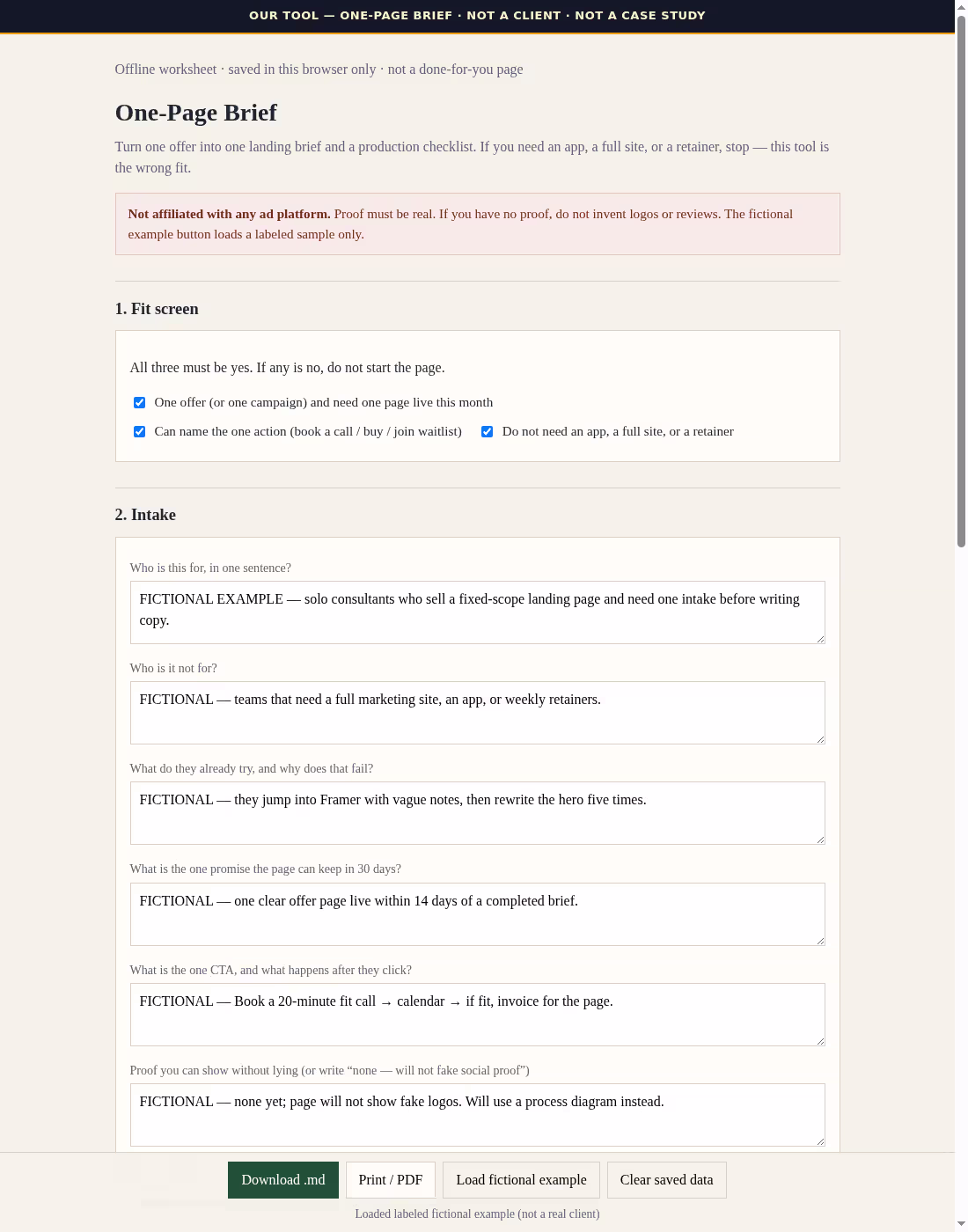 Cover image for One-Page Brief (example loaded)
Same worksheet