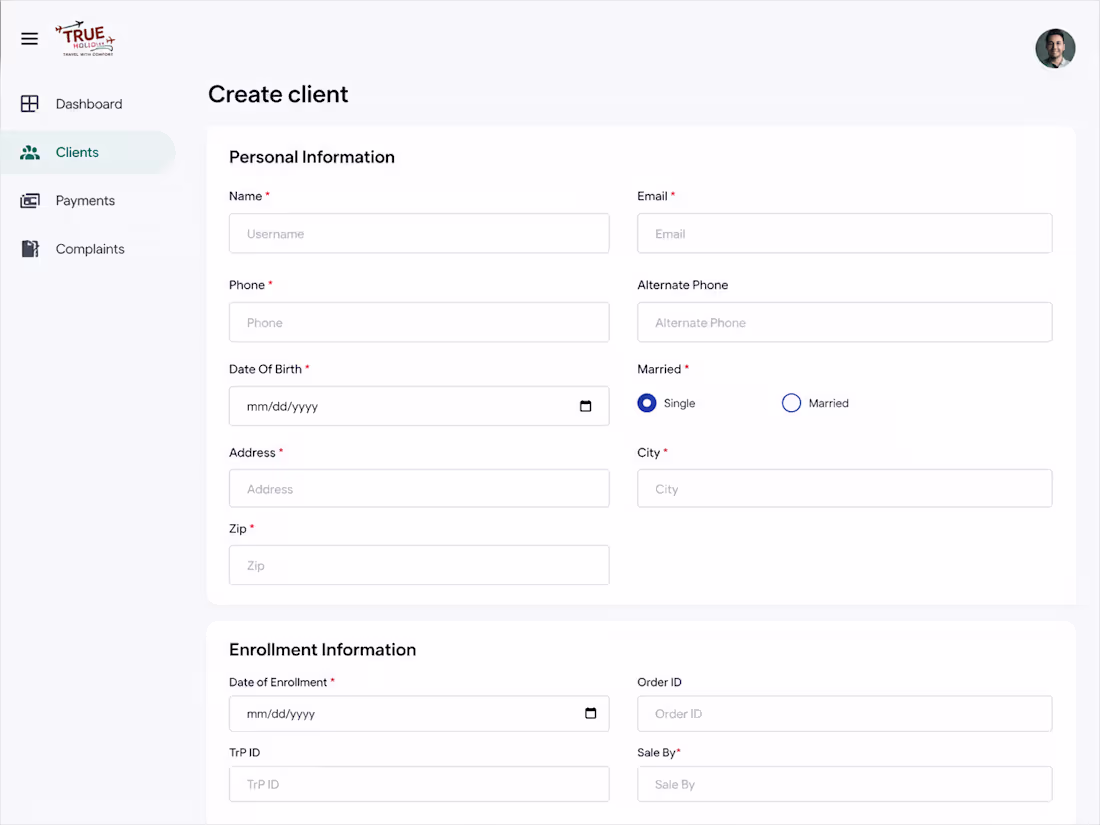 Cover image for TrueHoliday CRM

Built a custom CRM