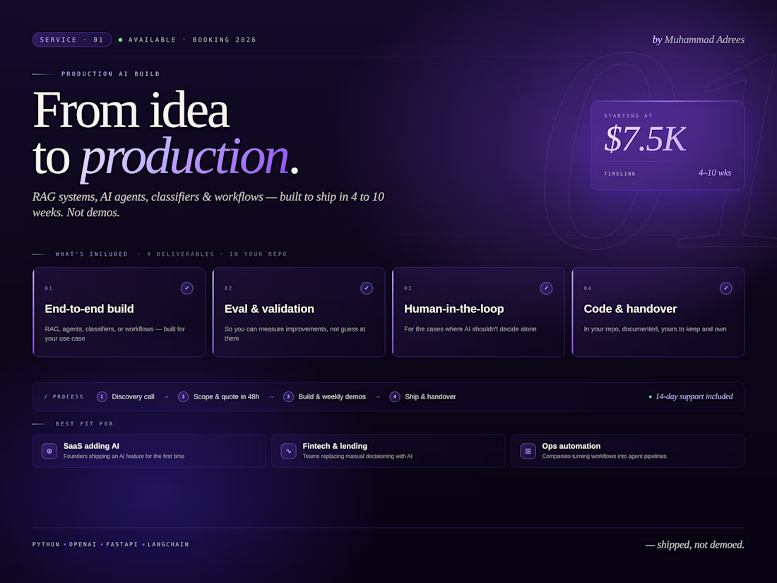 Cover image for Production AI Build — RAG, Agents & Workflows That Ship