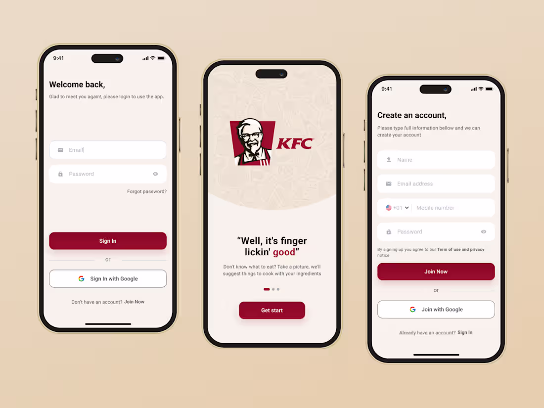 Cover image for KFC Onboard, login signup app screen