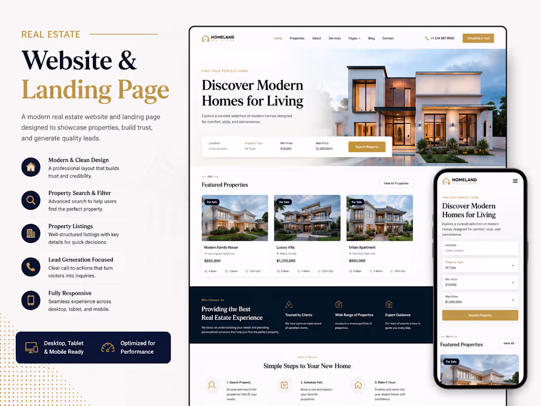 Cover image for  real estate website development, landing page design, genera