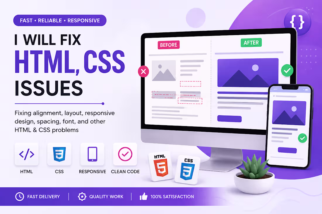 Cover image for I will fix HTML CSS issues and responsive design problems
