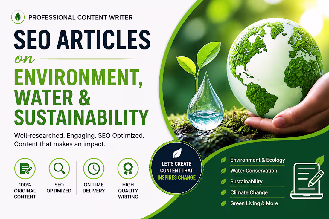 Cover image for I will write SEO articles on environment, water & sustainability