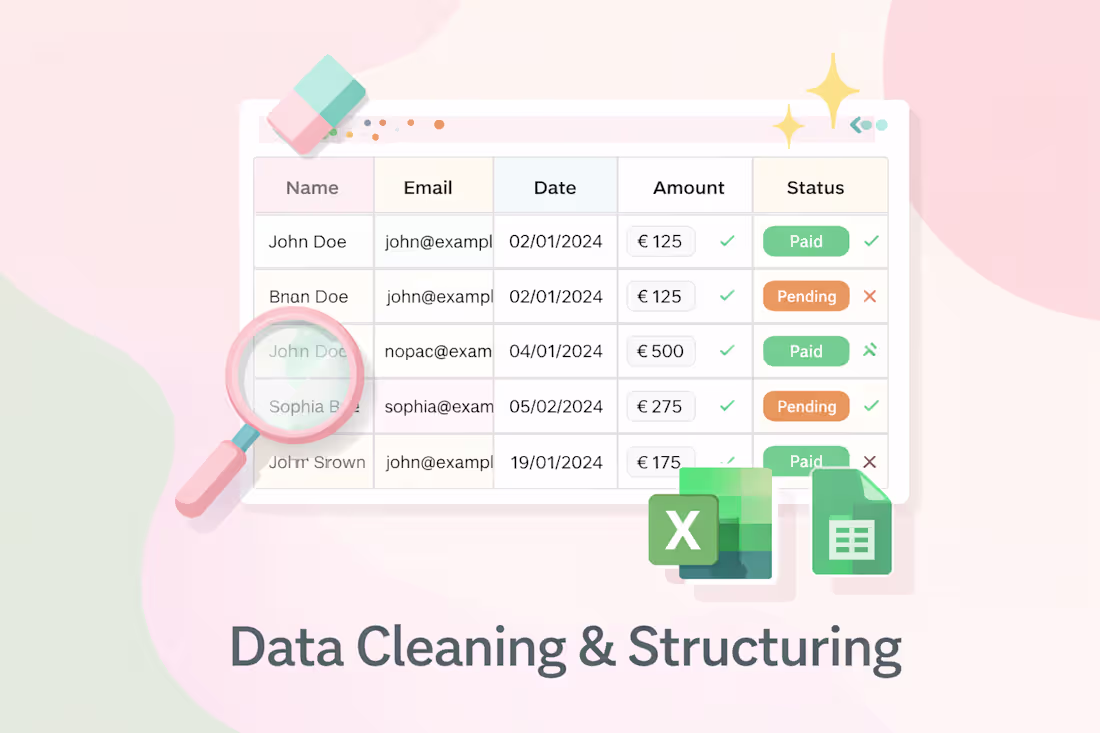 Cover image for Data Cleaning & Structuring for Excel/Google Sheets