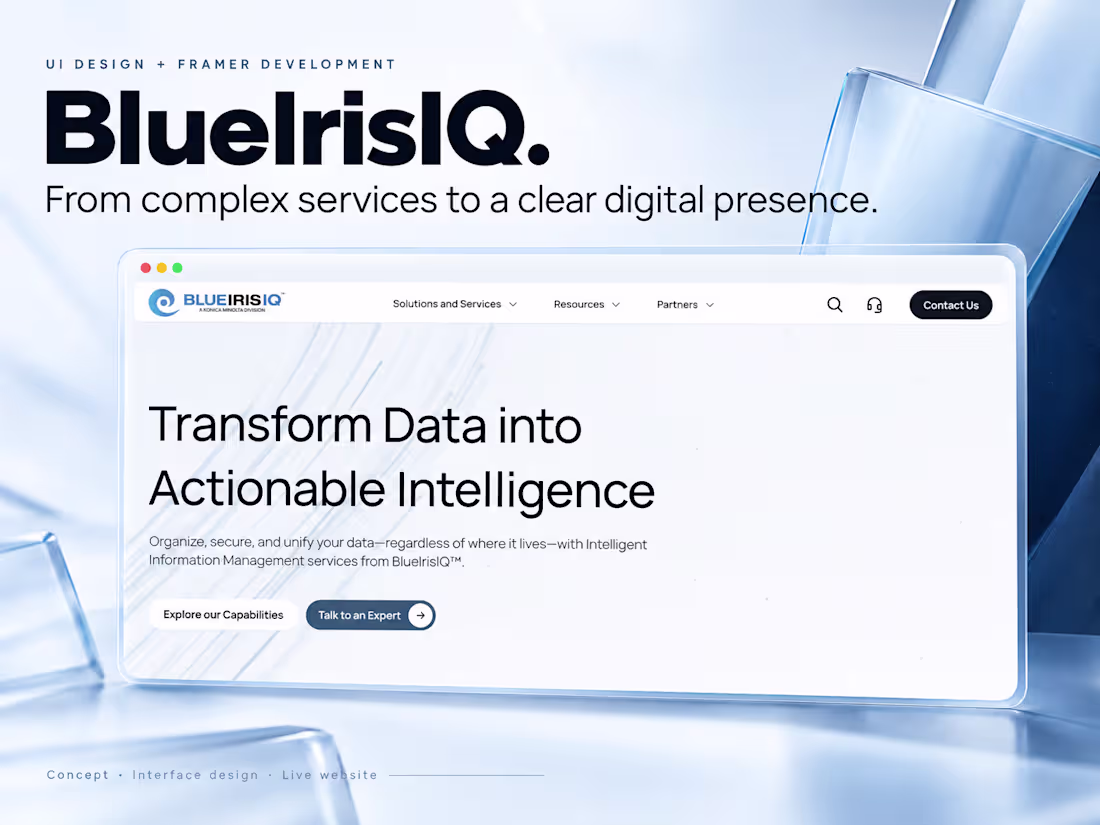 Cover image for BlueIrisIQ — Website UI Design & Framer Development