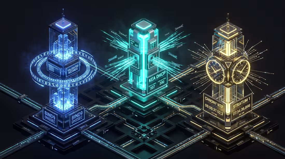 Cover image for Core Sovereign Network Services: BIND9 DNSSEC, Kea DHCP & Chrony NTP
