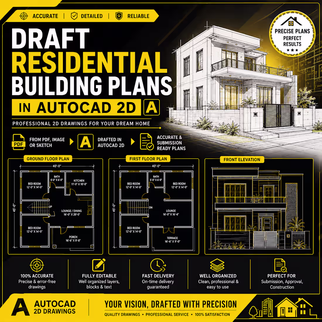 Cover image for draft residential building plans in autocad 2d