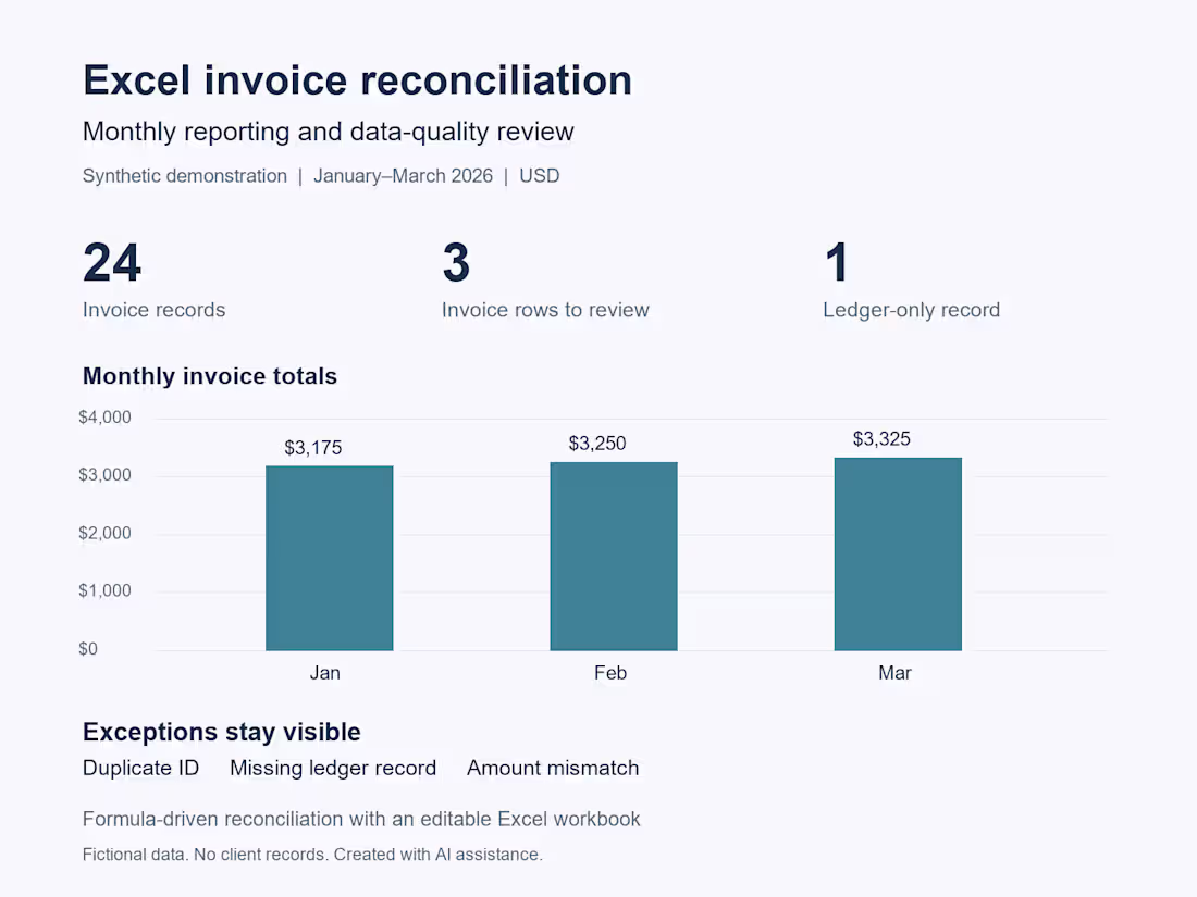 Cover image for Excel Invoice Reconciliation | Synthetic Demo