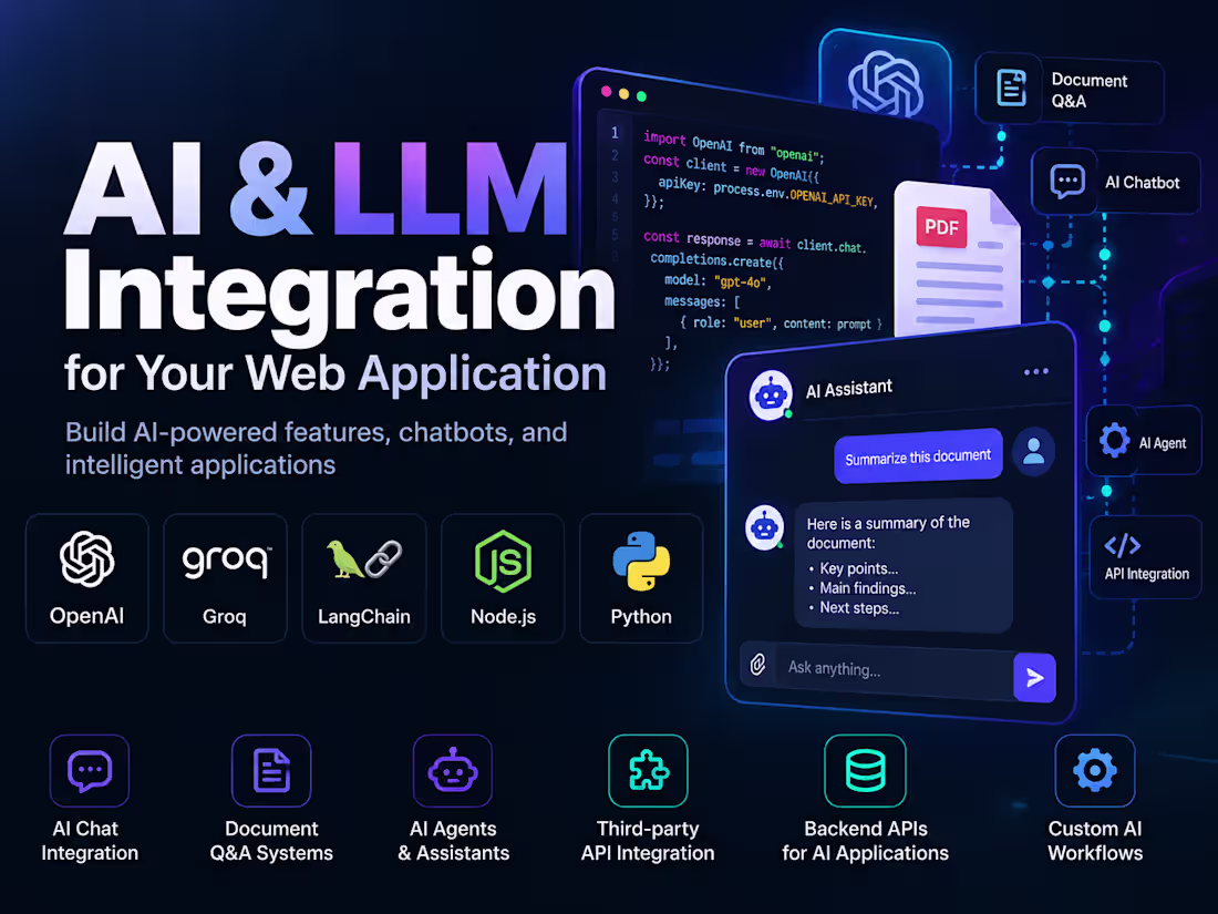 Cover image for I will integrate AI and LLM APIs into your web application