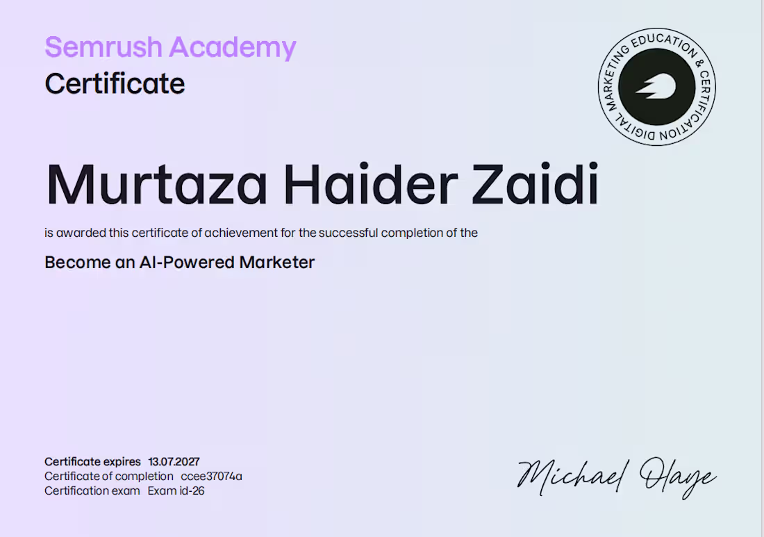 Cover image for Achieved Certification from Semrush Academy.
#Recognition