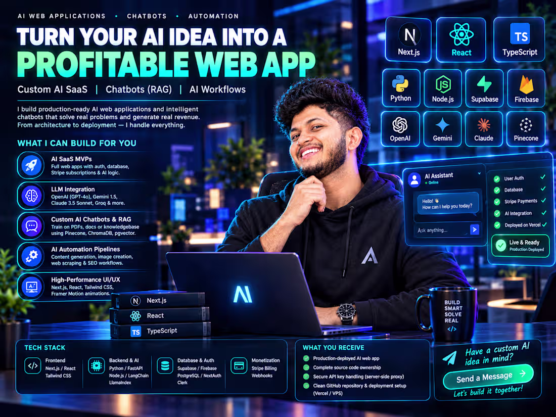 Cover image for Custom AI SaaS MVP, OpenAI / Gemini API & AI Chatbot Integration