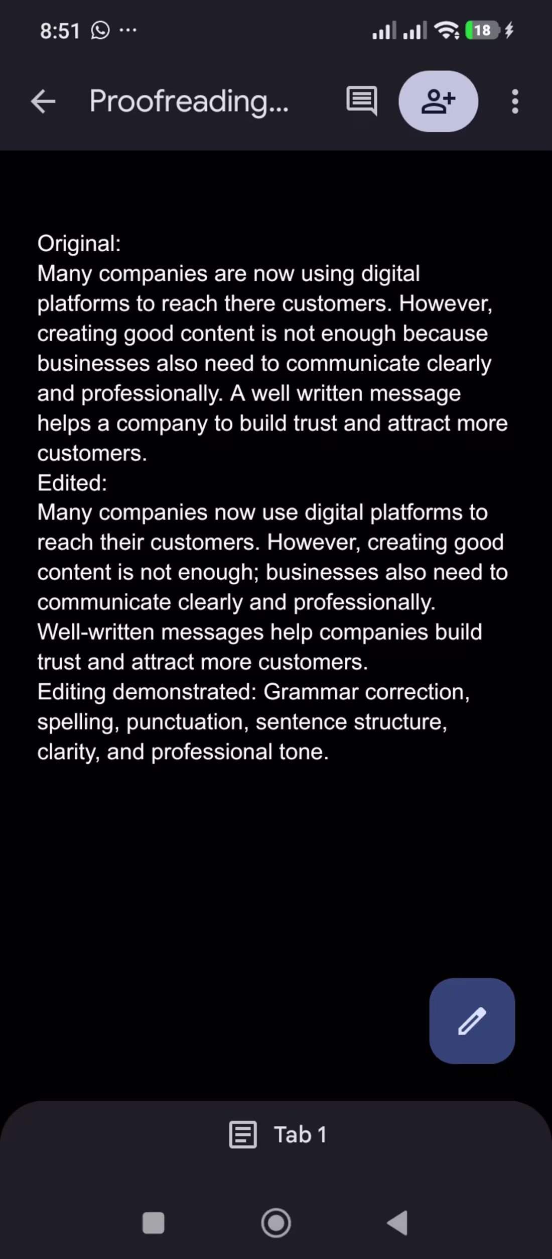 Cover image for Proofreading skill used...the original text was provided and...