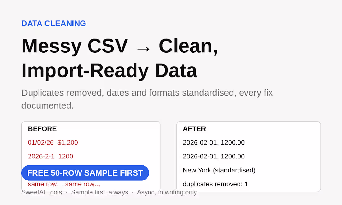 Cover image for CSV / Excel Data Cleaning & Formatting