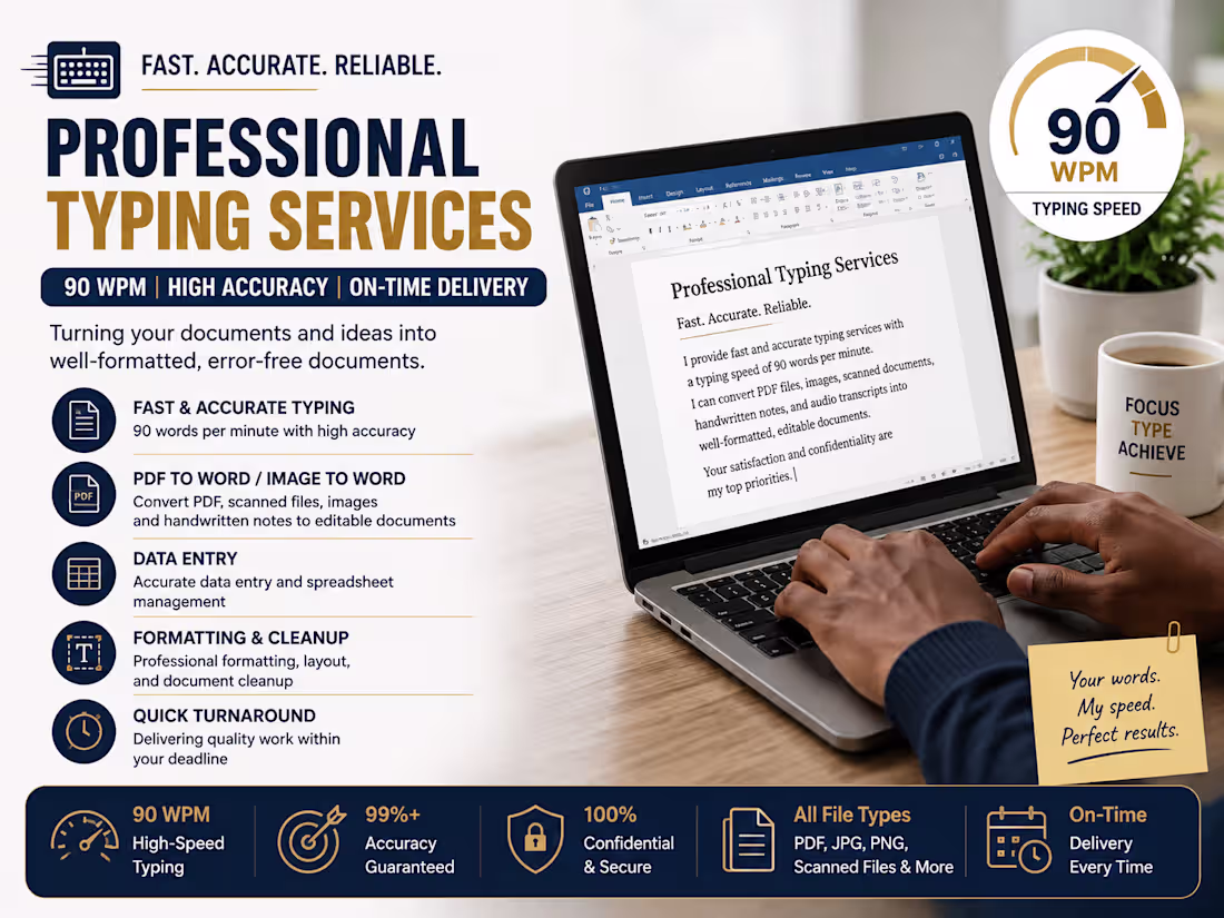 Cover image for 90 WPM Typing, Data Entry & Document Formatting