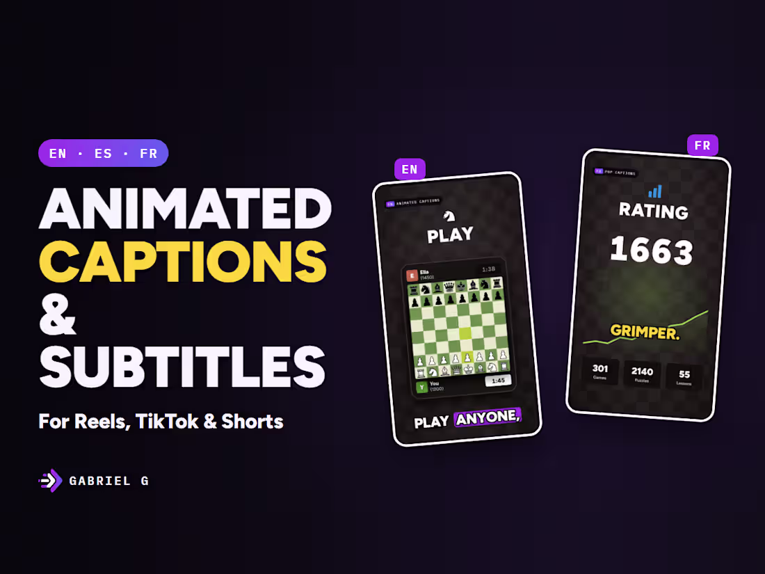 Cover image for Animated Captions & Subtitles for Reels/TikTok (EN, ES, FR)