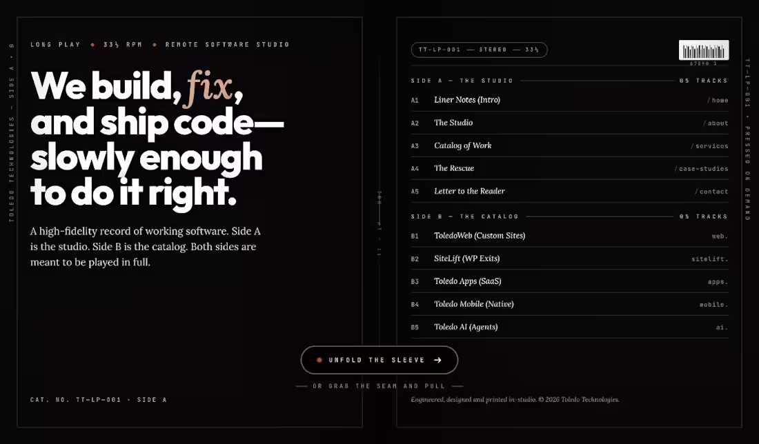 Cover image for Toledo Technologies: Studio Site as a Record Sleeve