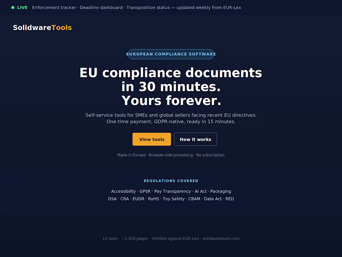 Cover image for SolidwareTools - EU Compliance SaaS Built Solo with AI
