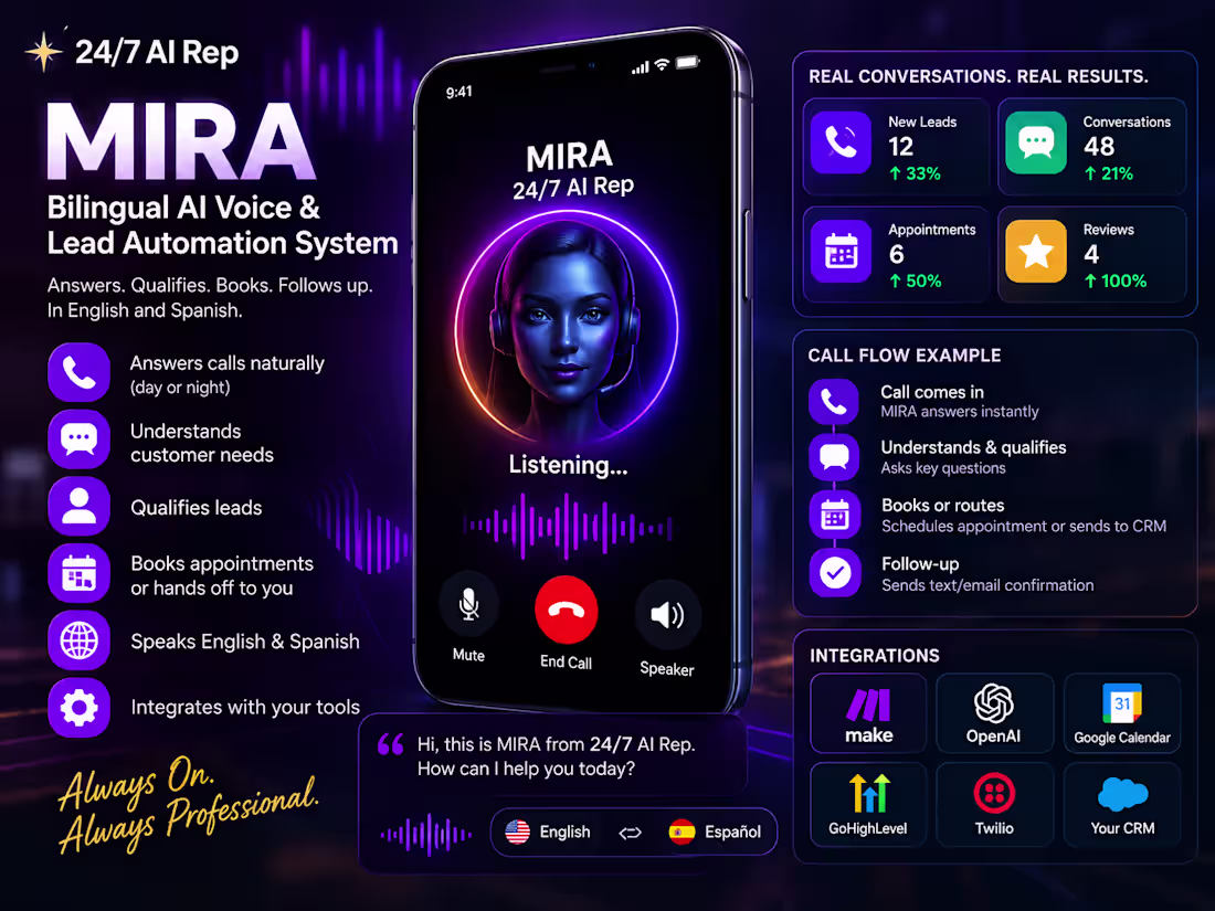Cover image for MIRA: Bilingual AI Voice & Lead Automation System