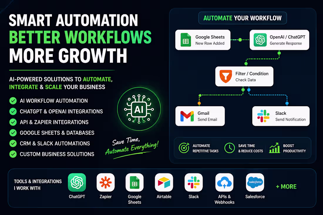 Cover image for I will build AI workflow automations using OpenAI, Zapier & Make