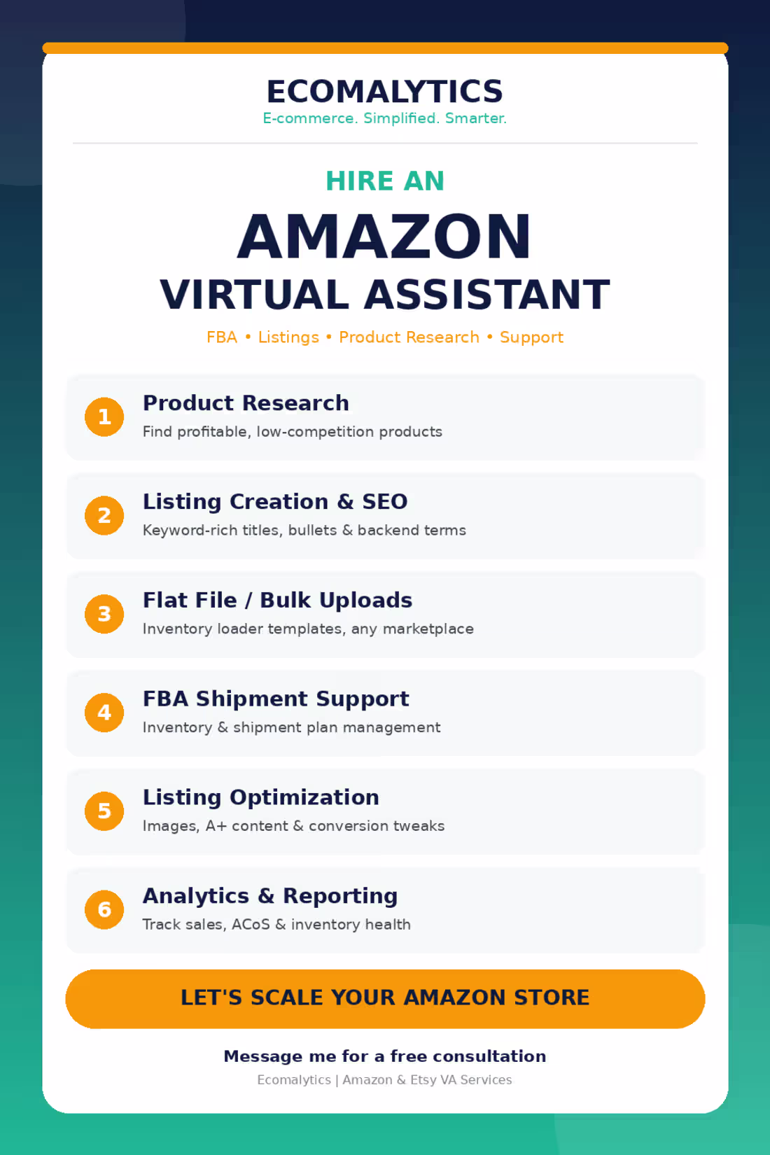 Cover image for Amazon Virtual Assistant | FBA Listings, Product Research & Flat