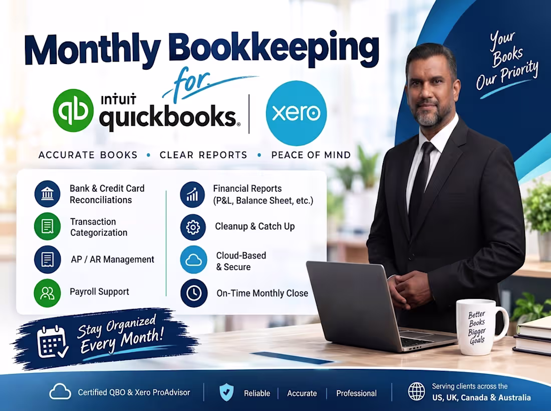 Cover image for Monthly Bookkeeping for QuickBooks Online & Xero