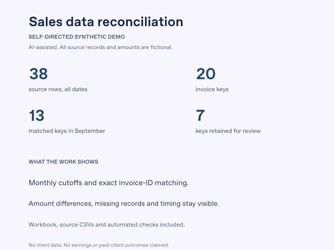 Cover image for Monthly sales reconciliation | Synthetic demo