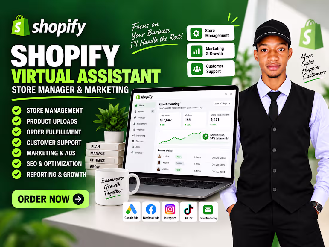 Cover image for Shopify virtual assistant, eCommerce manager, shopify marketing
