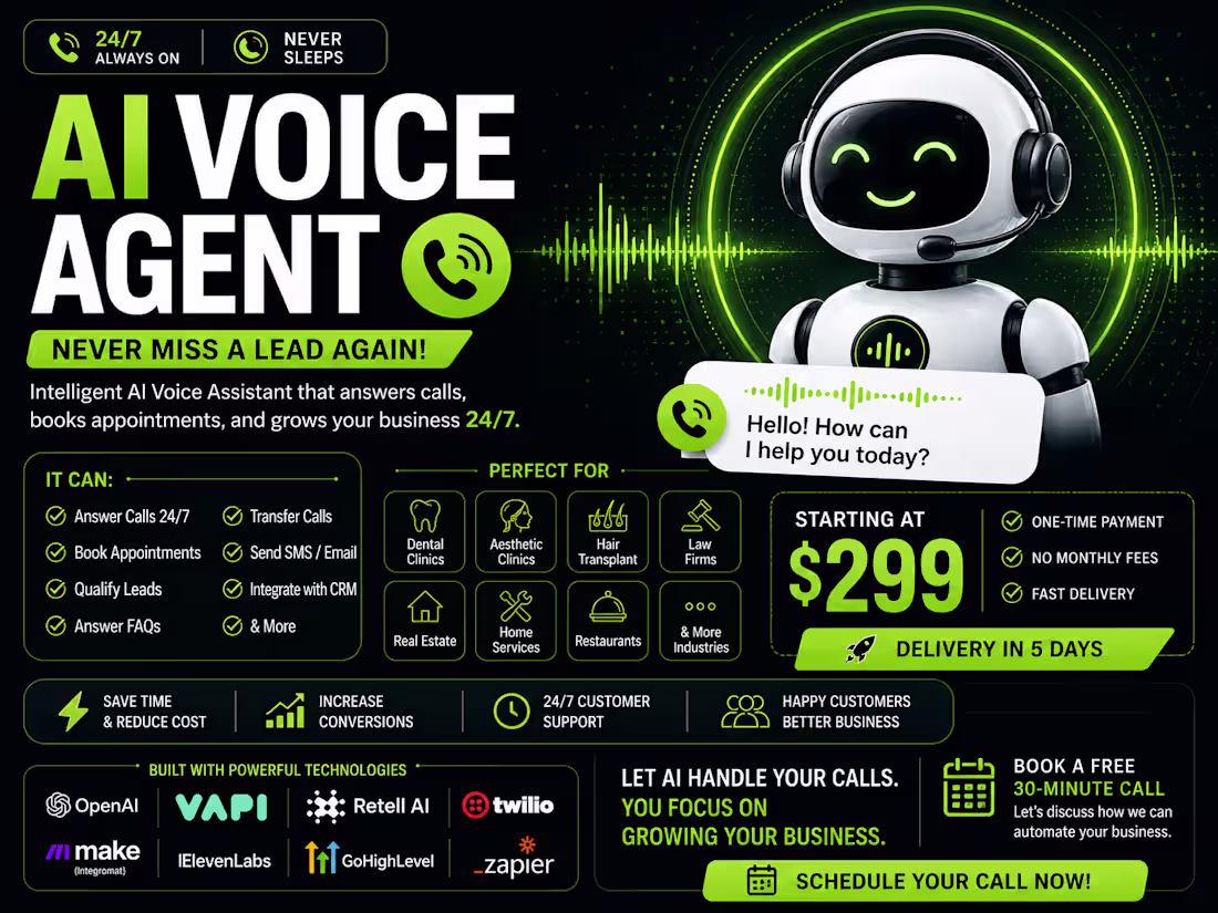 Cover image for I will build an AI Voice Agent that answers calls 24/7