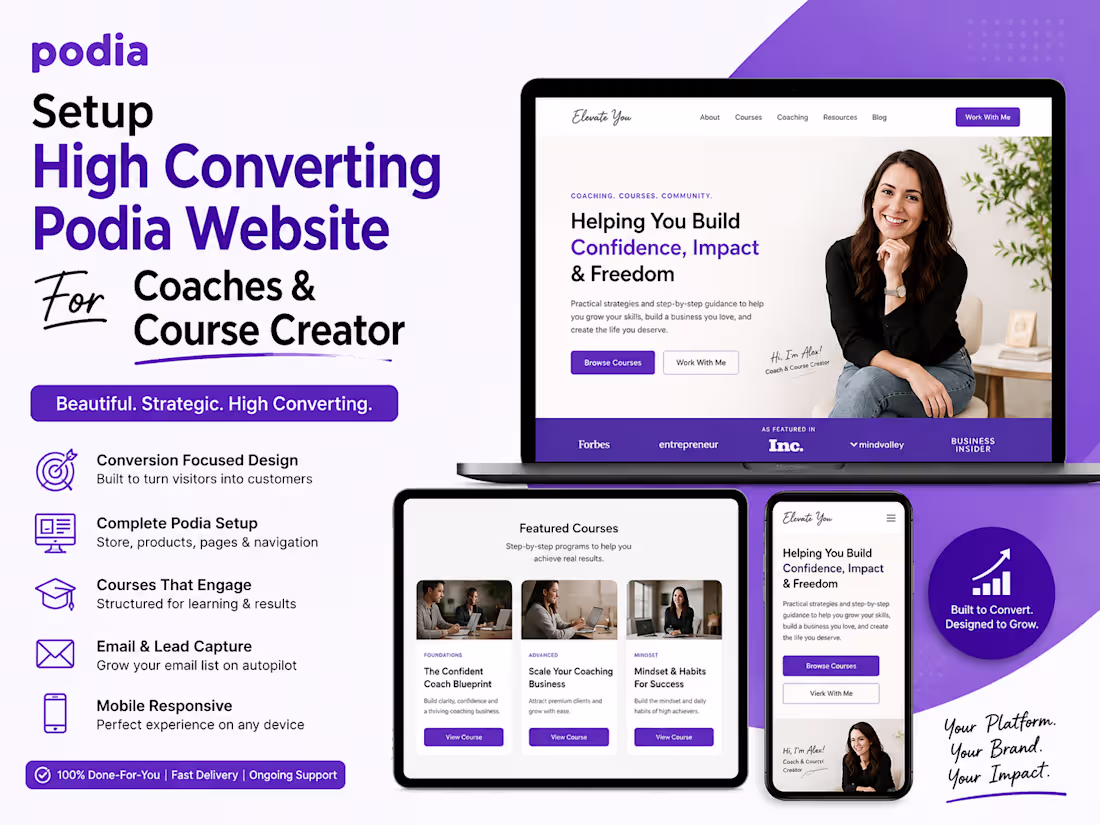 Cover image for setup high converting Podia website for coaches & course creator