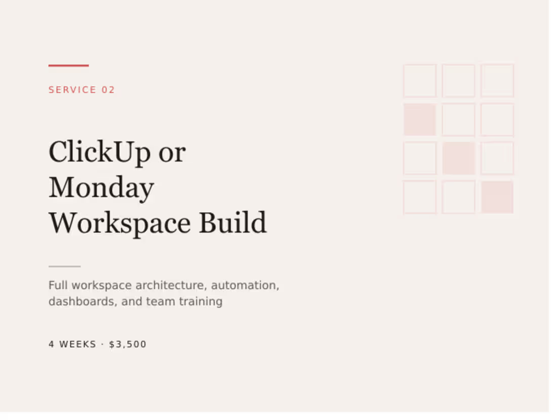 Cover image for ClickUp or Monday Workspace Build — Setup, Automation & Training