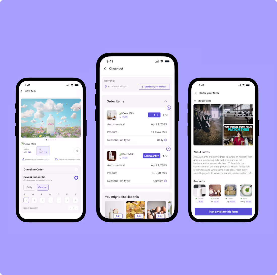 Cover image for A clean and minimal farm-to-home dairy app UI that connects ...