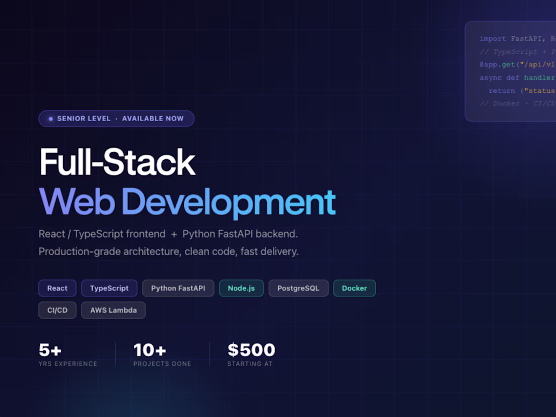 Cover image for Full-stack web app development (React + Python/FastAPI)