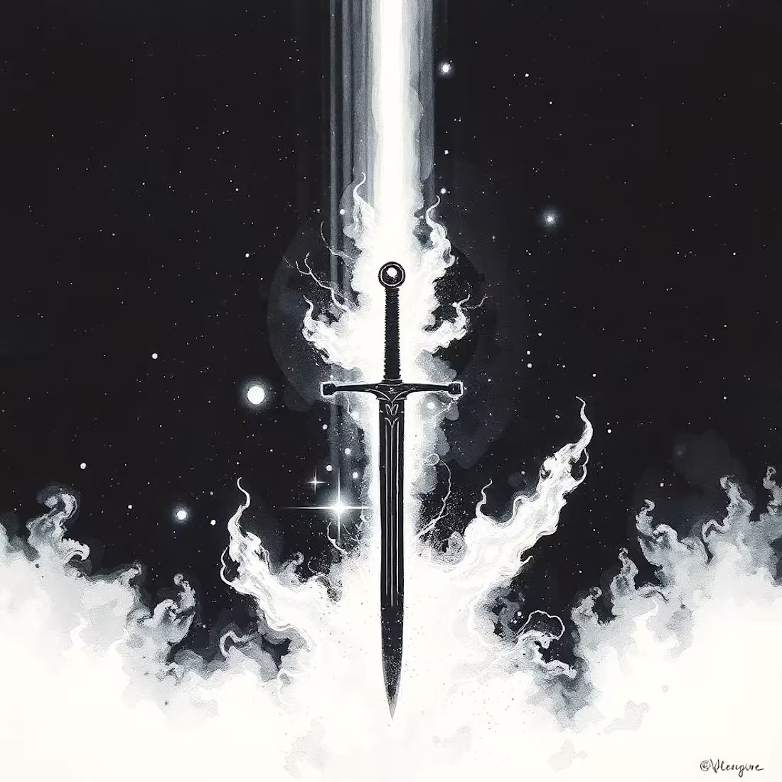 Cover image for Watercolored Dark Black Glitched Sword with Comets Encircling It