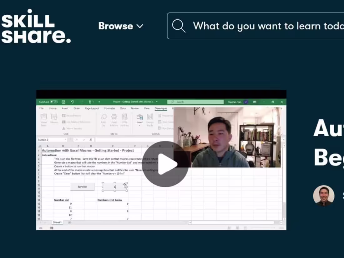 Cover image for Skillshare Class "Automation with Excel Macros / Excel VBA"