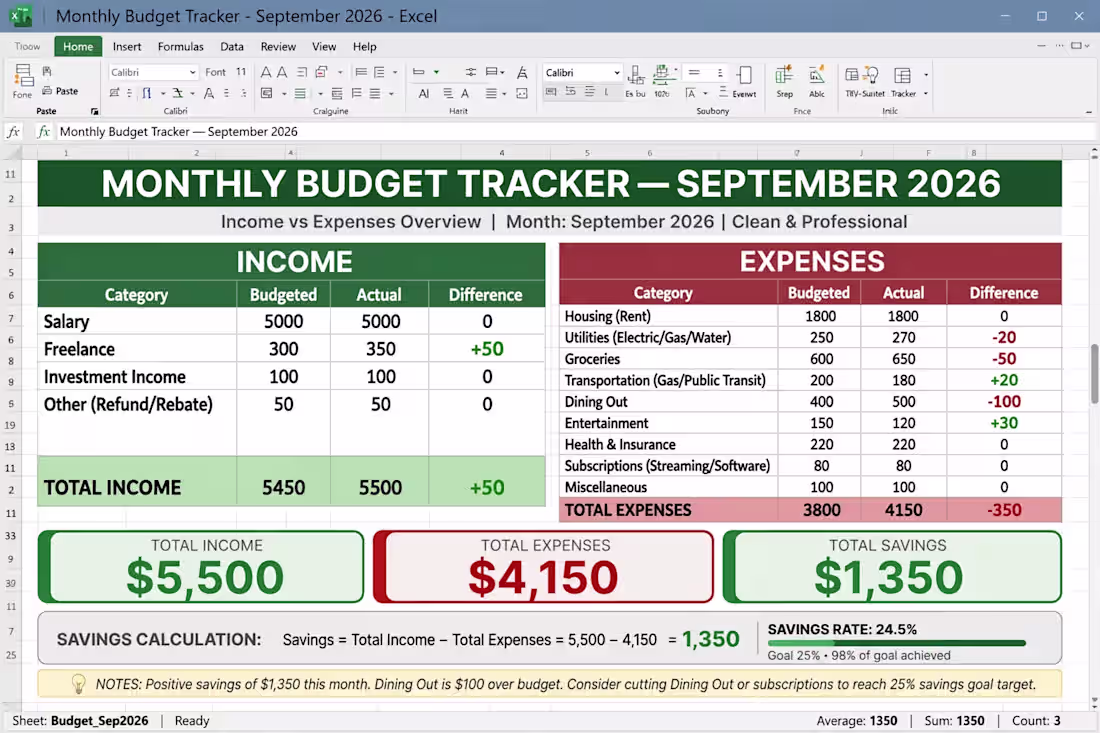 Cover image for Monthly Budget Tracker — September 2026 | Automated Excel Te...