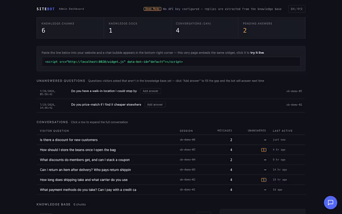 Cover image for SiteBot — Grounded AI Support for Any Website
