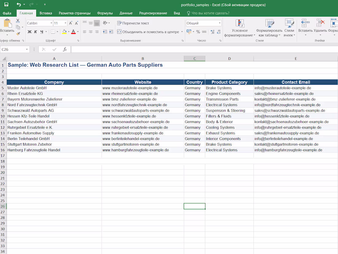 Cover image for Supplier research sample — 15 verified entries