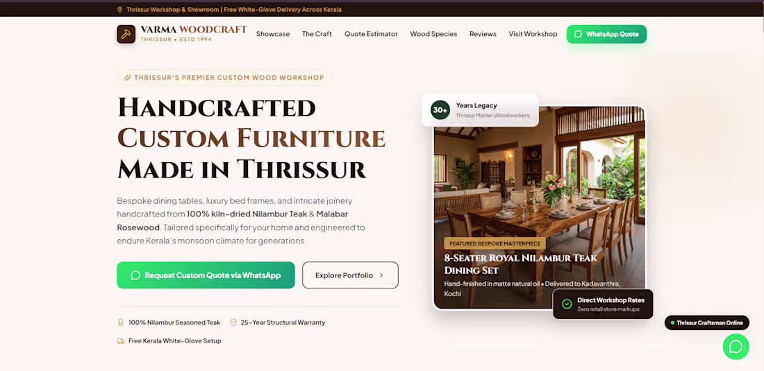 Cover image for Varma Woodcraft — Custom Furniture Website with Live WhatsAp...