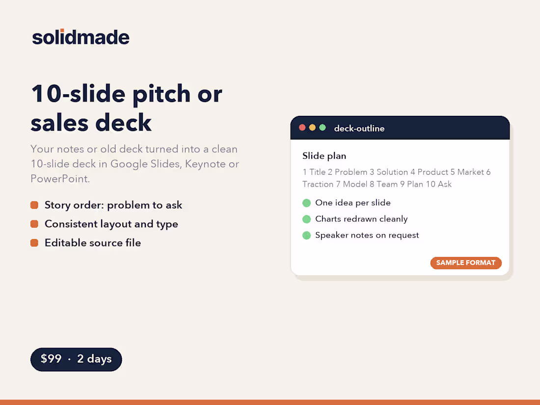 Cover image for 10-slide pitch deck, written and designed in 2 days