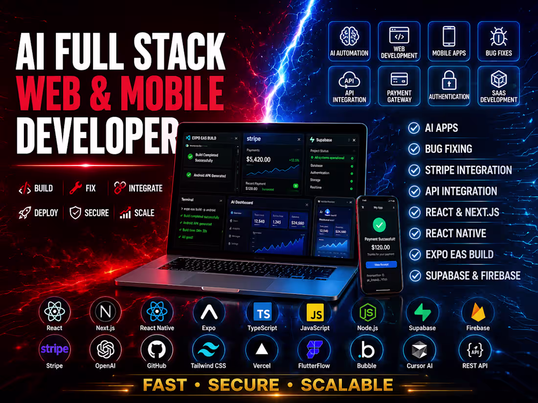 Cover image for AI Web & Mobile App Development  with Bug Fix & API Integration