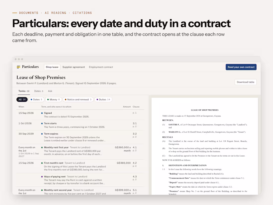 Cover image for Particulars: a contract reader that