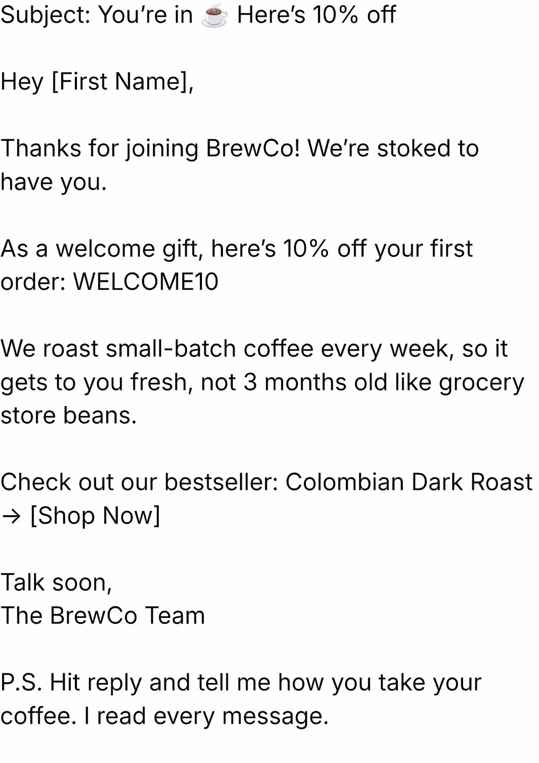 Cover image for Welcome Email-BrewCo Coffee
Welcome email sequence