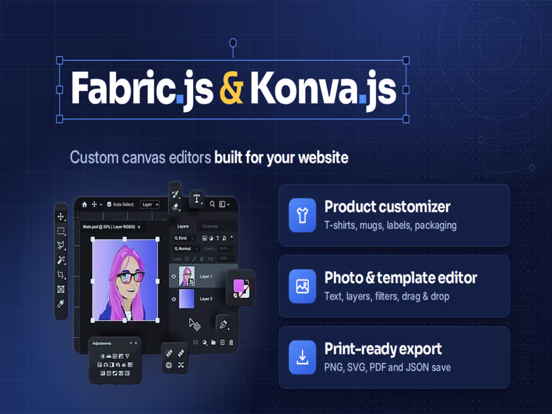 Cover image for I will build a custom product designer using konva or fabric.js