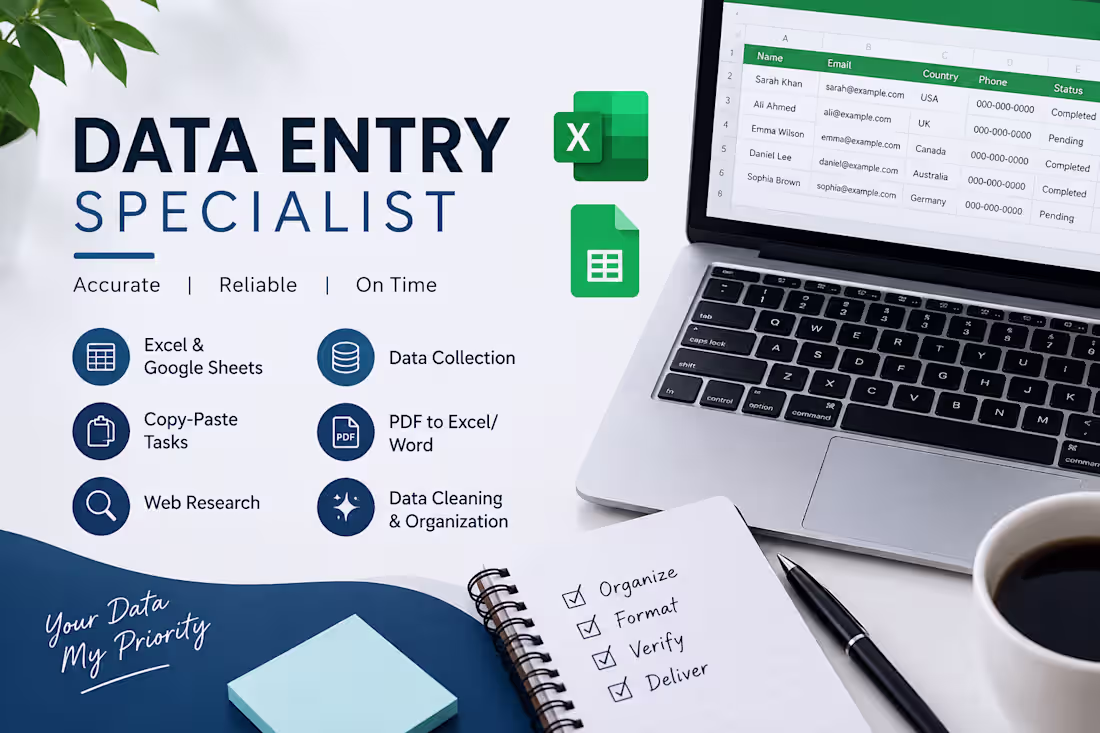 Cover image for Data Entry Specialist | Excel, Google Sheets & Web Research