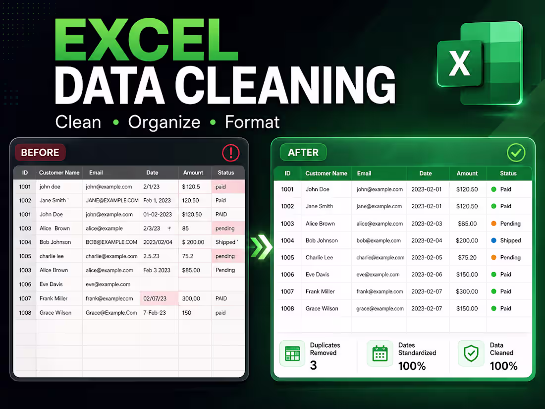Cover image for I will clean, organize and format your Excel data